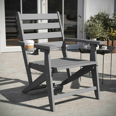 FLASH FURNITURE Tolleson Adirondack Dining Chair w/Fold Out Cup Holder, Weather Resistant Recycled HDPE in Gray LE-HMP-2037-10-GRY-GG